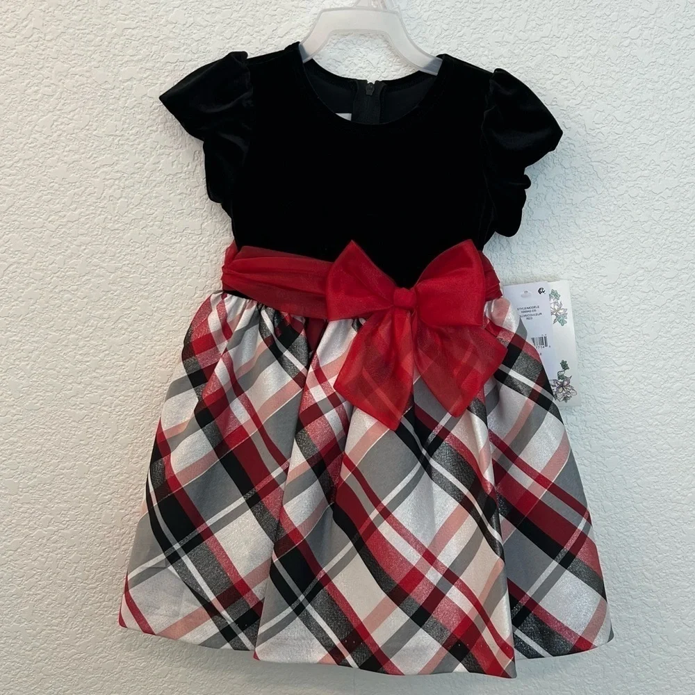 NWT Iris and Ivy Black Red White Velvet Plaid Bow Tie Dress- Size 2T